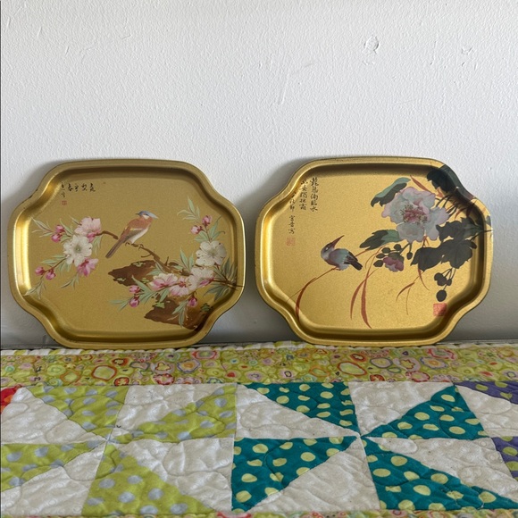 Vintage Other - Vintage Floral and Bird Gold Decorative Trays, Elite Trays Made In England 7”x6”